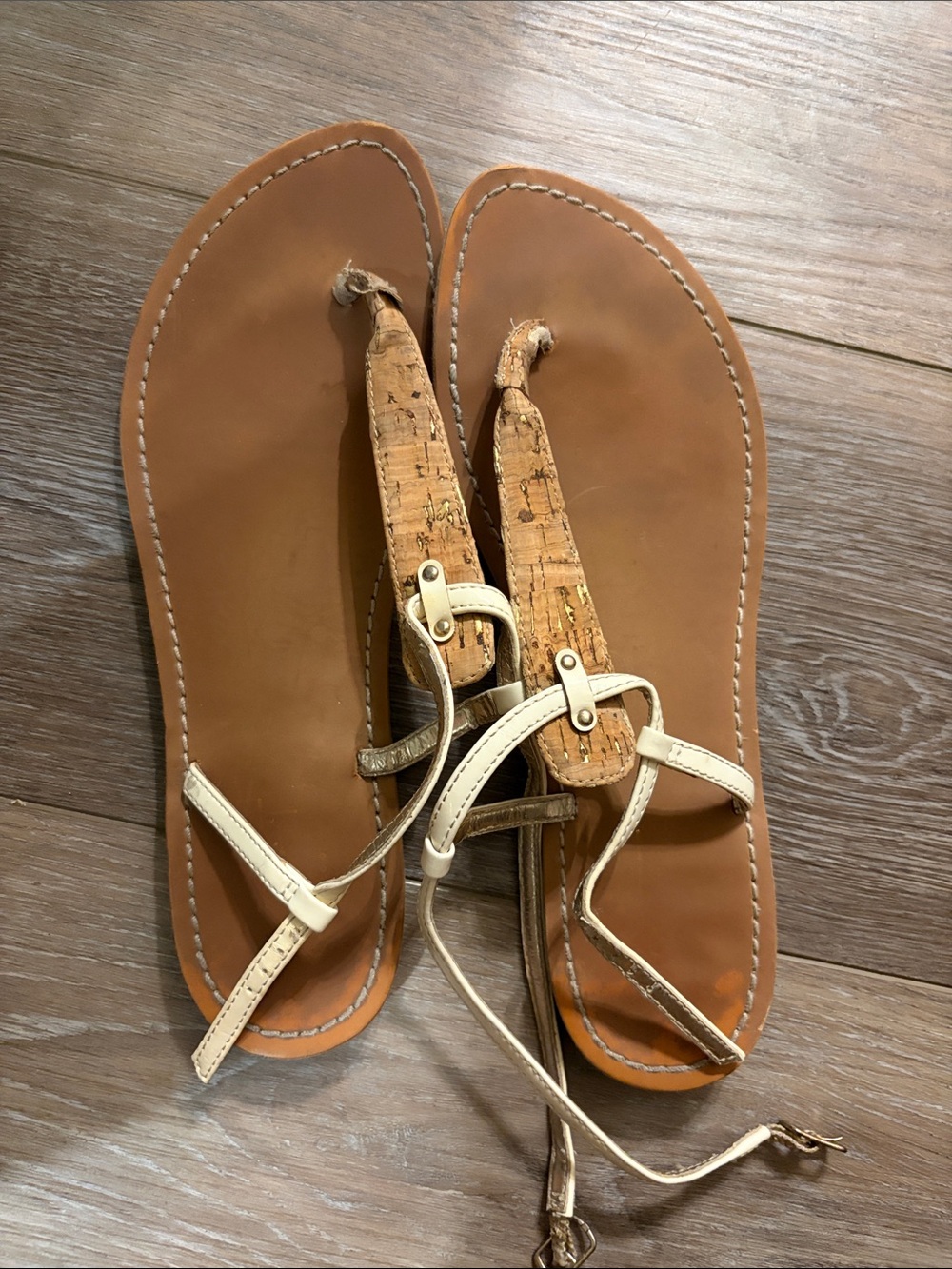 Women’s Tan Cork Thong Sandals with Cream Straps w8